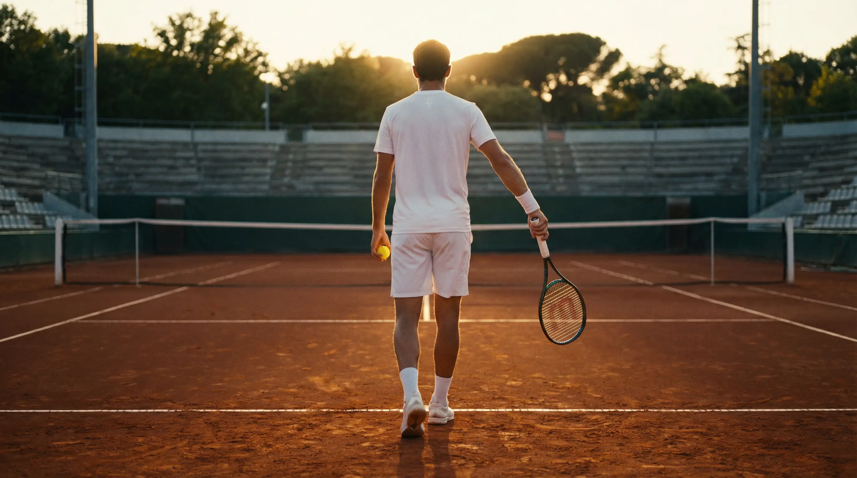 Tenista profesional preparándose para servir en pista de tierra batida