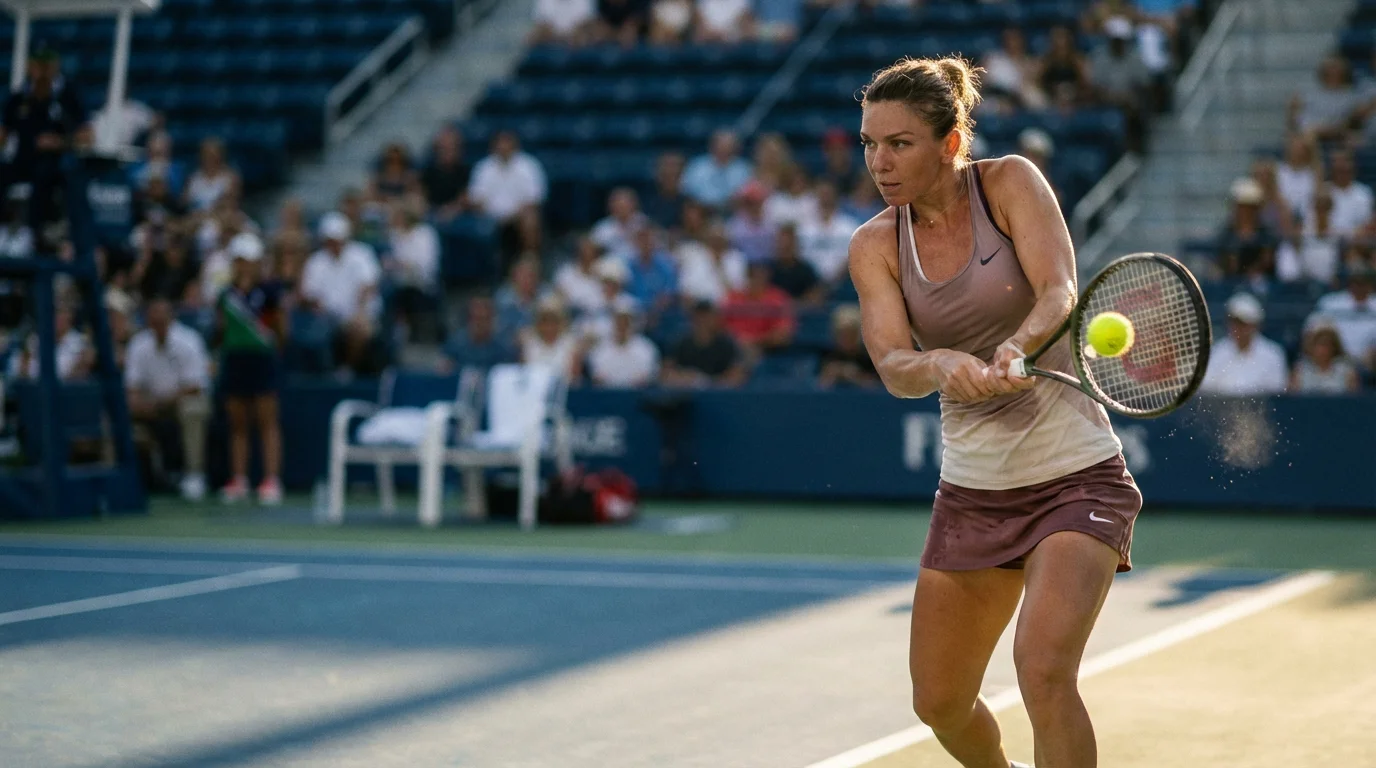 Jugadora de tenis profesional golpeando la pelota en una pista dura durante un partido del circuito WTA