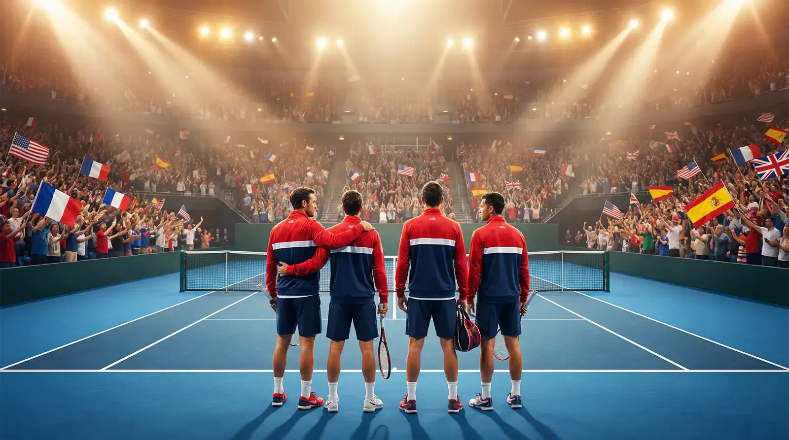 Equipo nacional de tenis celebrando una victoria en Copa Davis con banderas en la grada