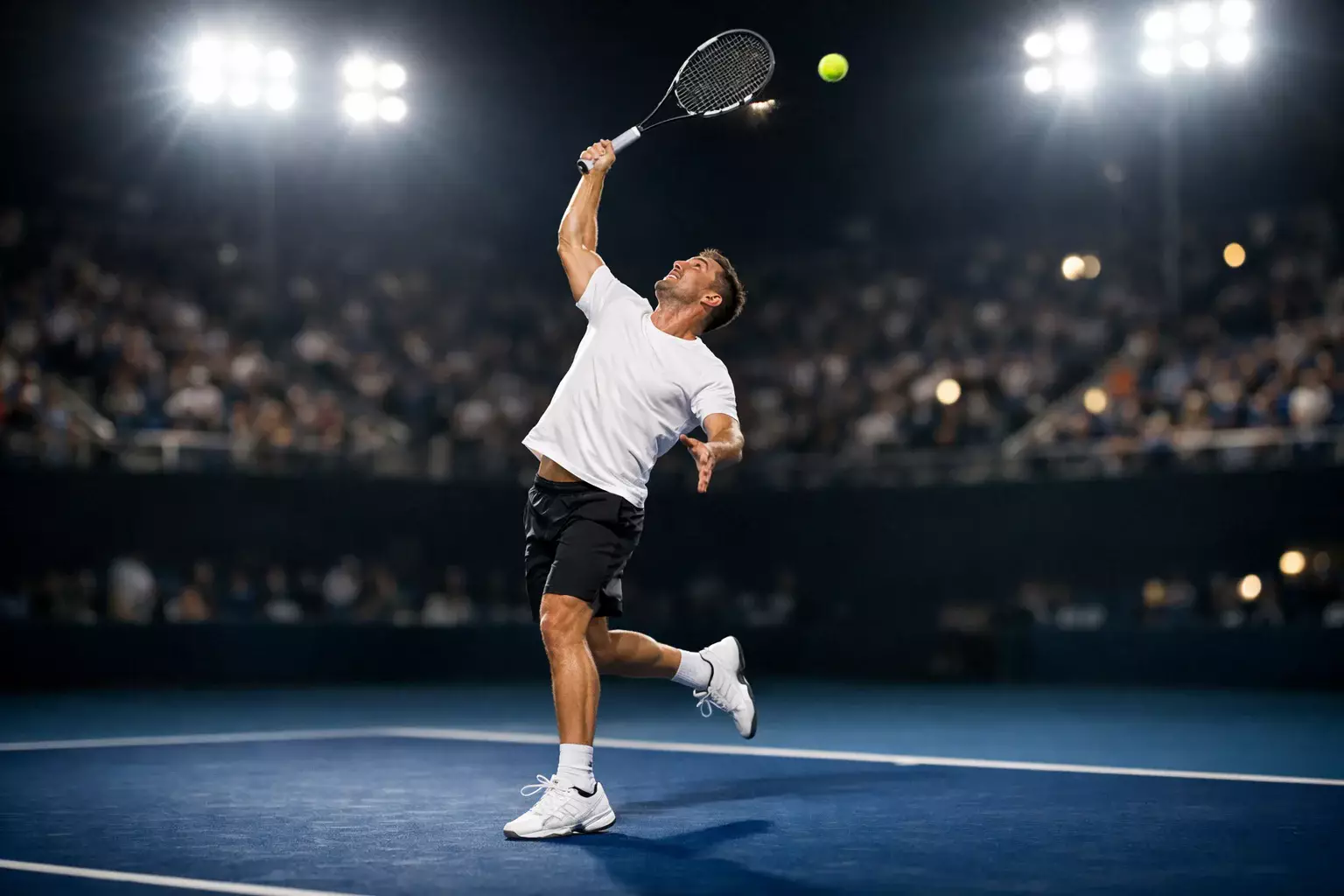 Tenista profesional ejecutando un saque potente durante un partido nocturno