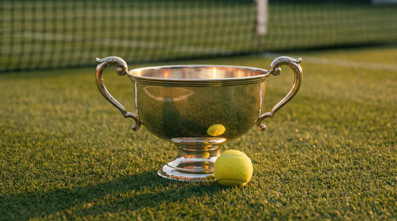 Trofeo de tenis en una pista profesional al atardecer