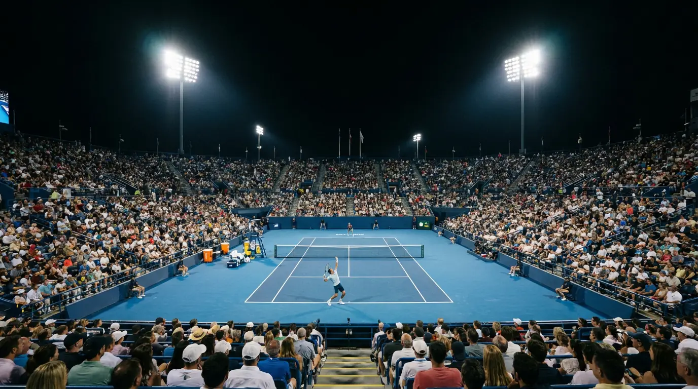Partido de tenis masculino en un estadio lleno de público durante un torneo Masters 1000 en pista dura