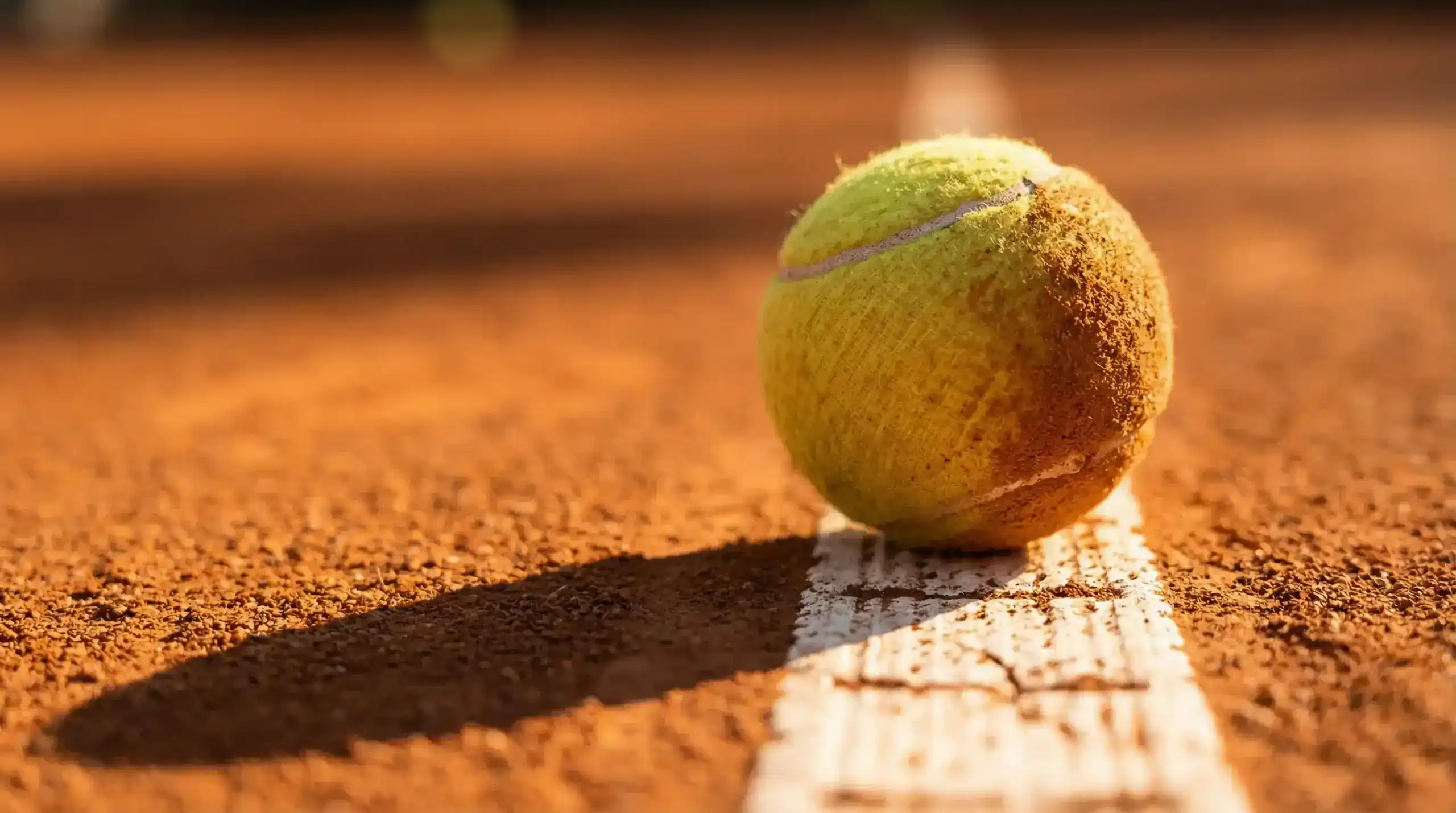 Primer plano de una pelota de tenis sobre la línea de la pista con iluminación intensa