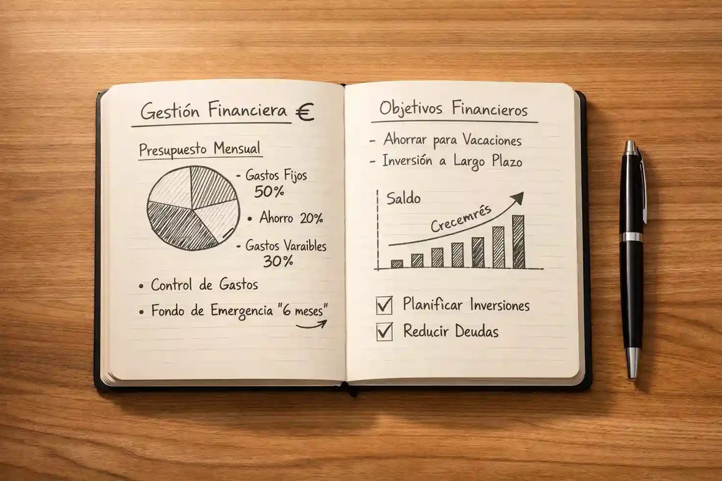 Libreta con anotaciones de gesti&oacute;n financiera y s&iacute;mbolo de euro
