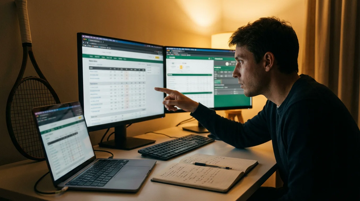 Persona analizando estadísticas de tenis en varias pantallas