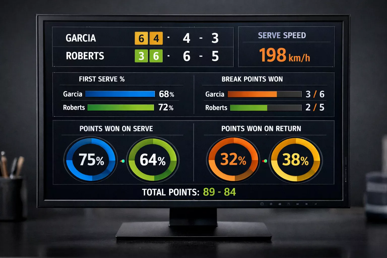 Monitor mostrando estad&iacute;sticas en tiempo real de partido de tenis