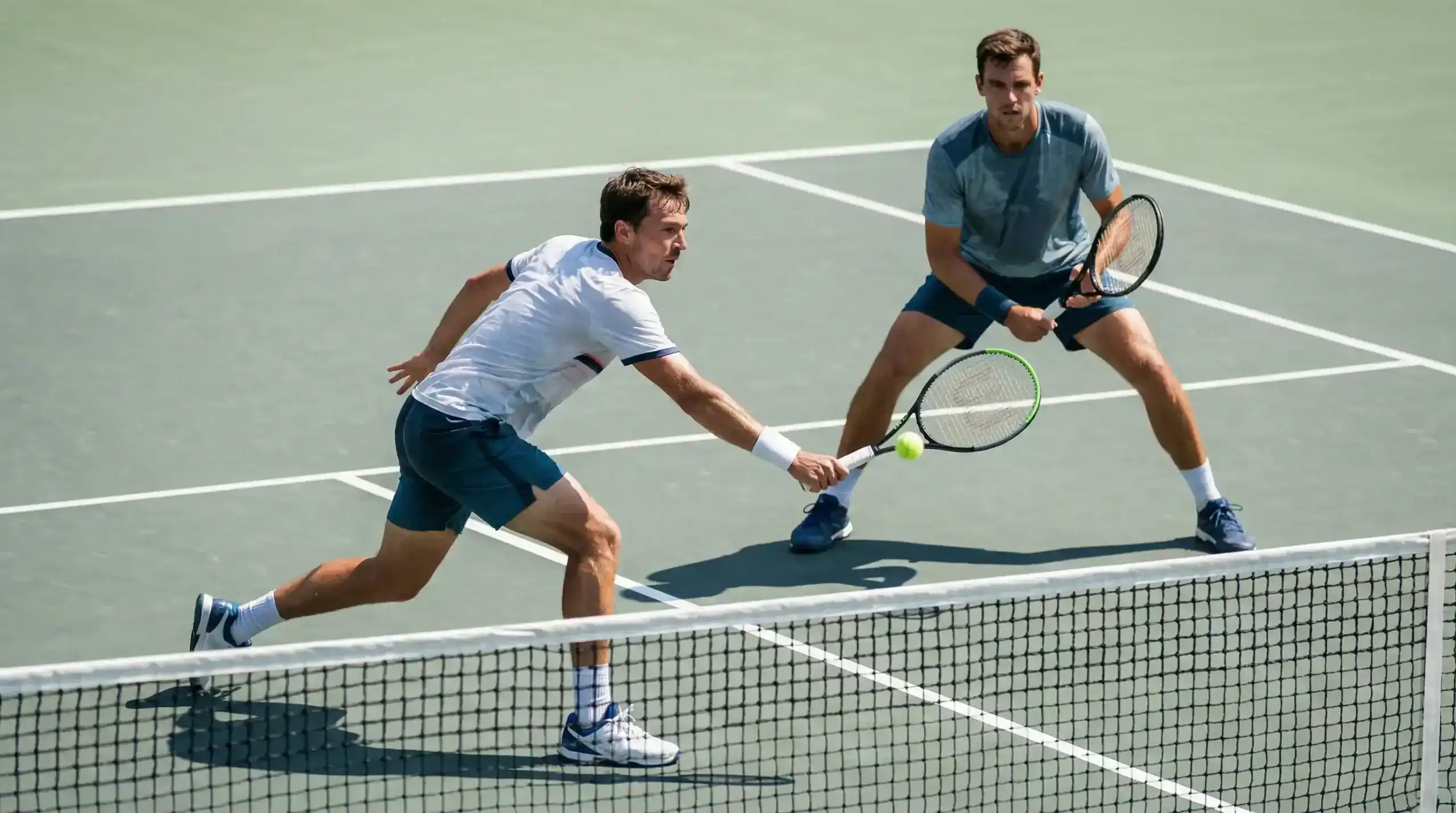 Pareja de dobles de tenis celebrando un punto en la red