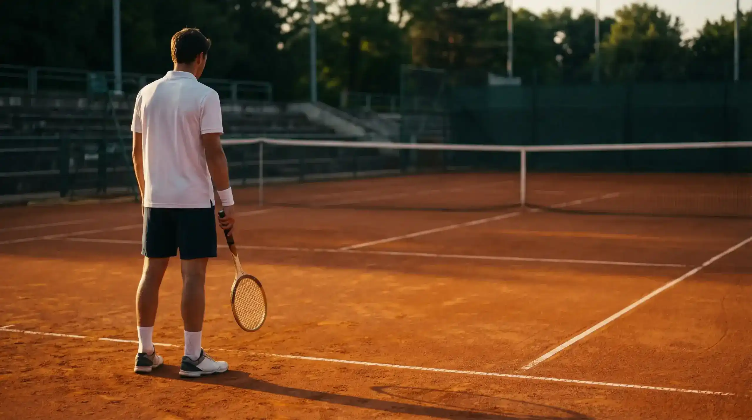 Tenista de espaldas mirando la pista vacía en un momento de reflexión