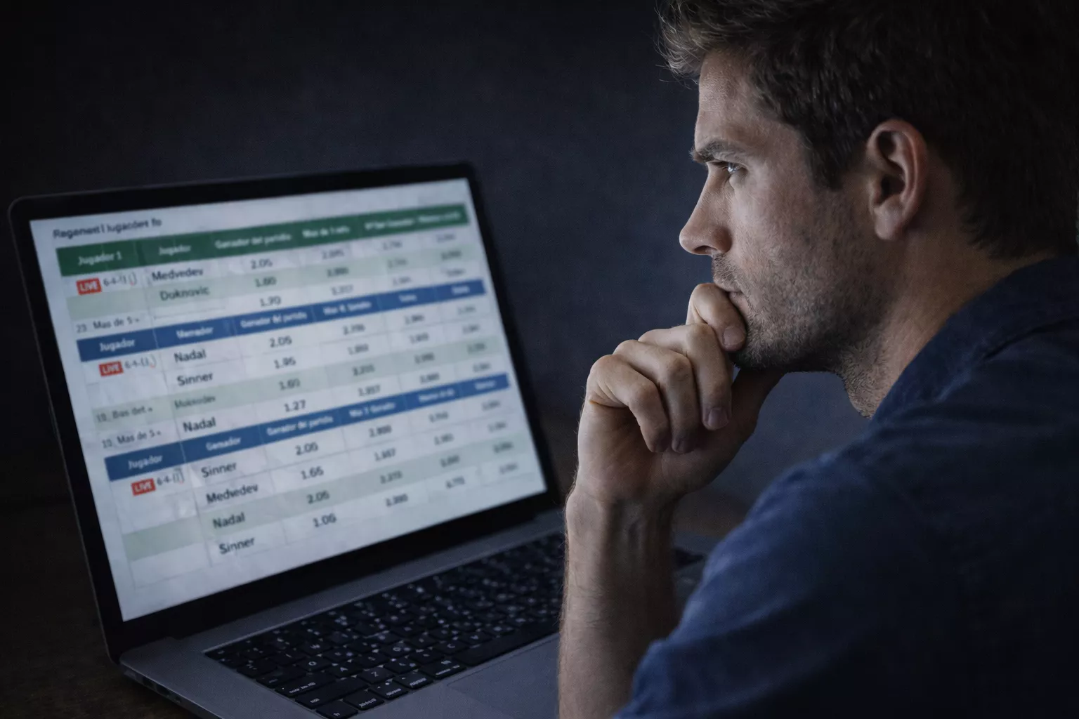 Persona reflexionando frente a pantalla con datos de apuestas