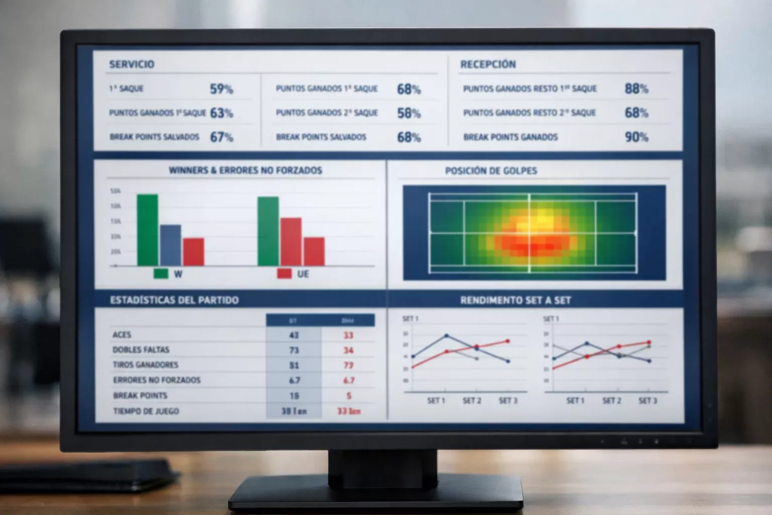 Pantalla mostrando estad&iacute;sticas detalladas de rendimiento ten&iacute;stico