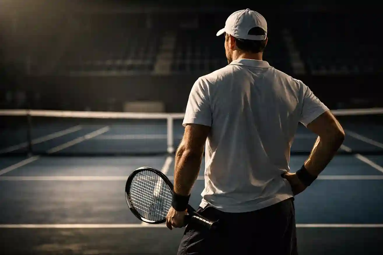 Tenista profesional analizando su siguiente movimiento en la pista