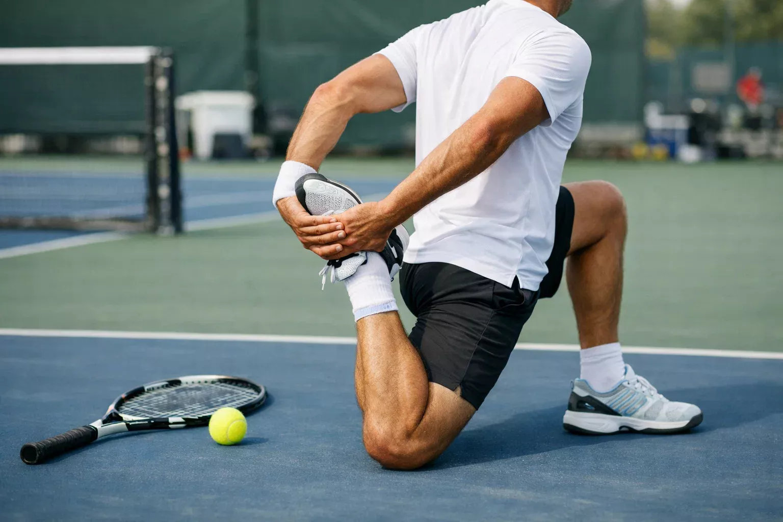 Jugador de tenis estirando m&uacute;sculos antes de partido