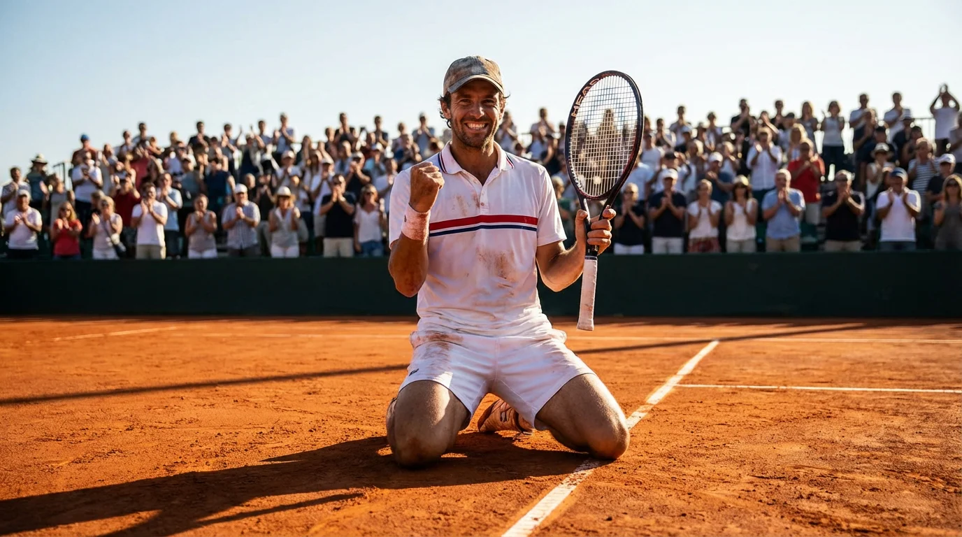Jugador de tenis celebrando un punto en una pista de tierra batida