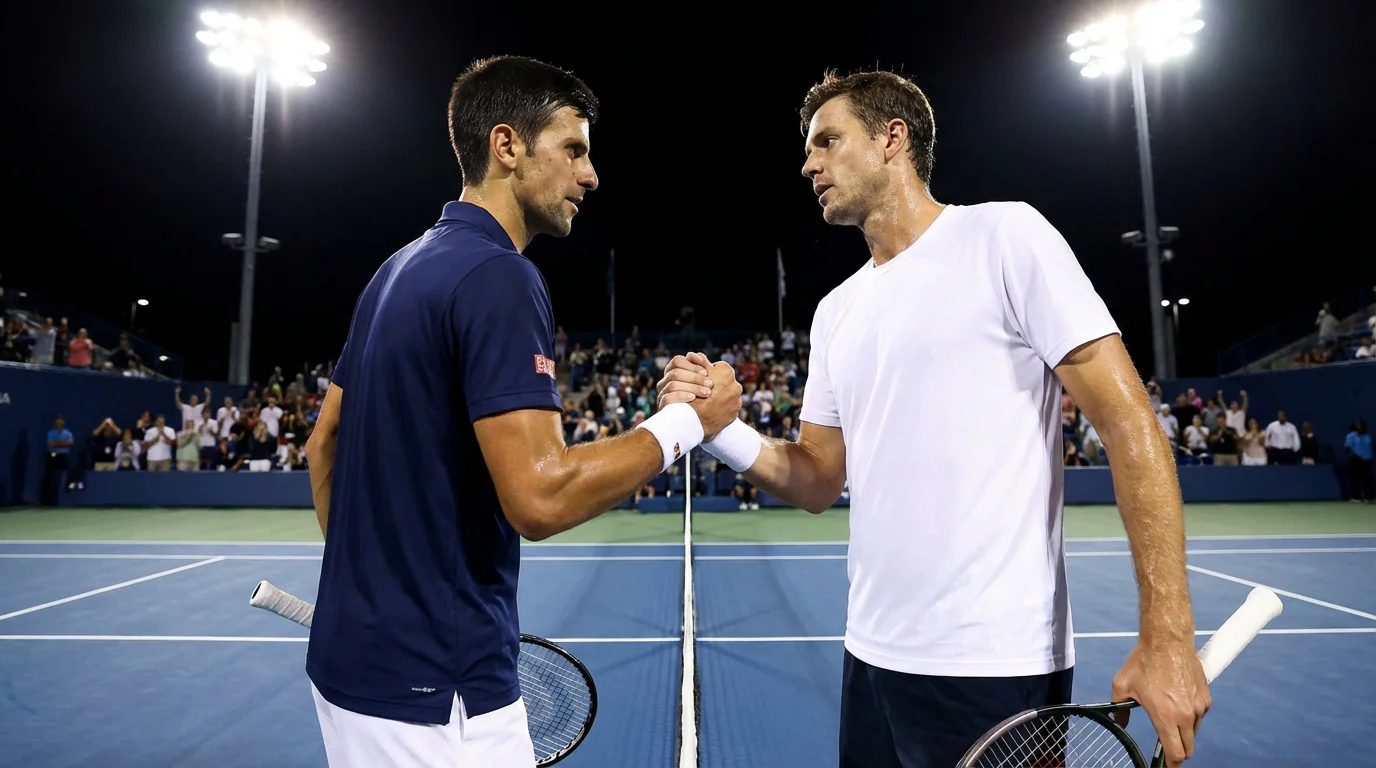 Dos tenistas frente a frente en la red de una pista de tenis bajo focos de estadio