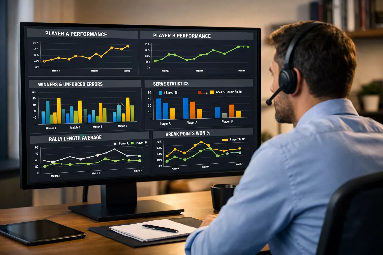 Profesional analizando datos de tenis en pantalla con gráficos