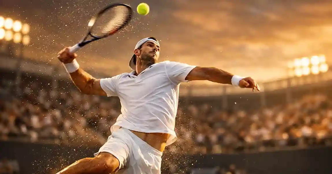 Tenista profesional ejecutando un potente servicio en pista de tenis con iluminación dramática