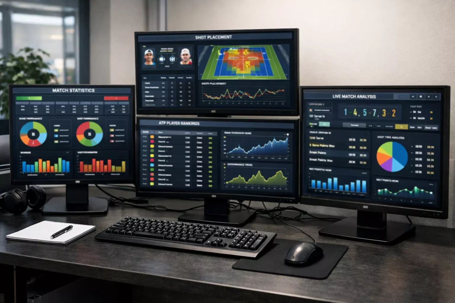 Escritorio con m&uacute;ltiples pantallas mostrando plataformas de an&aacute;lisis