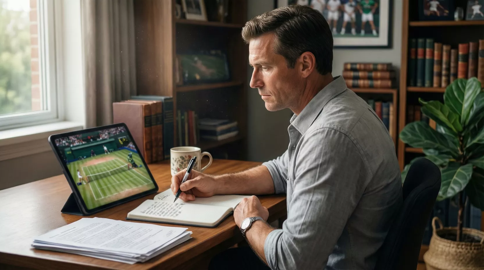 Persona concentrada tomando notas mientras observa partido de tenis