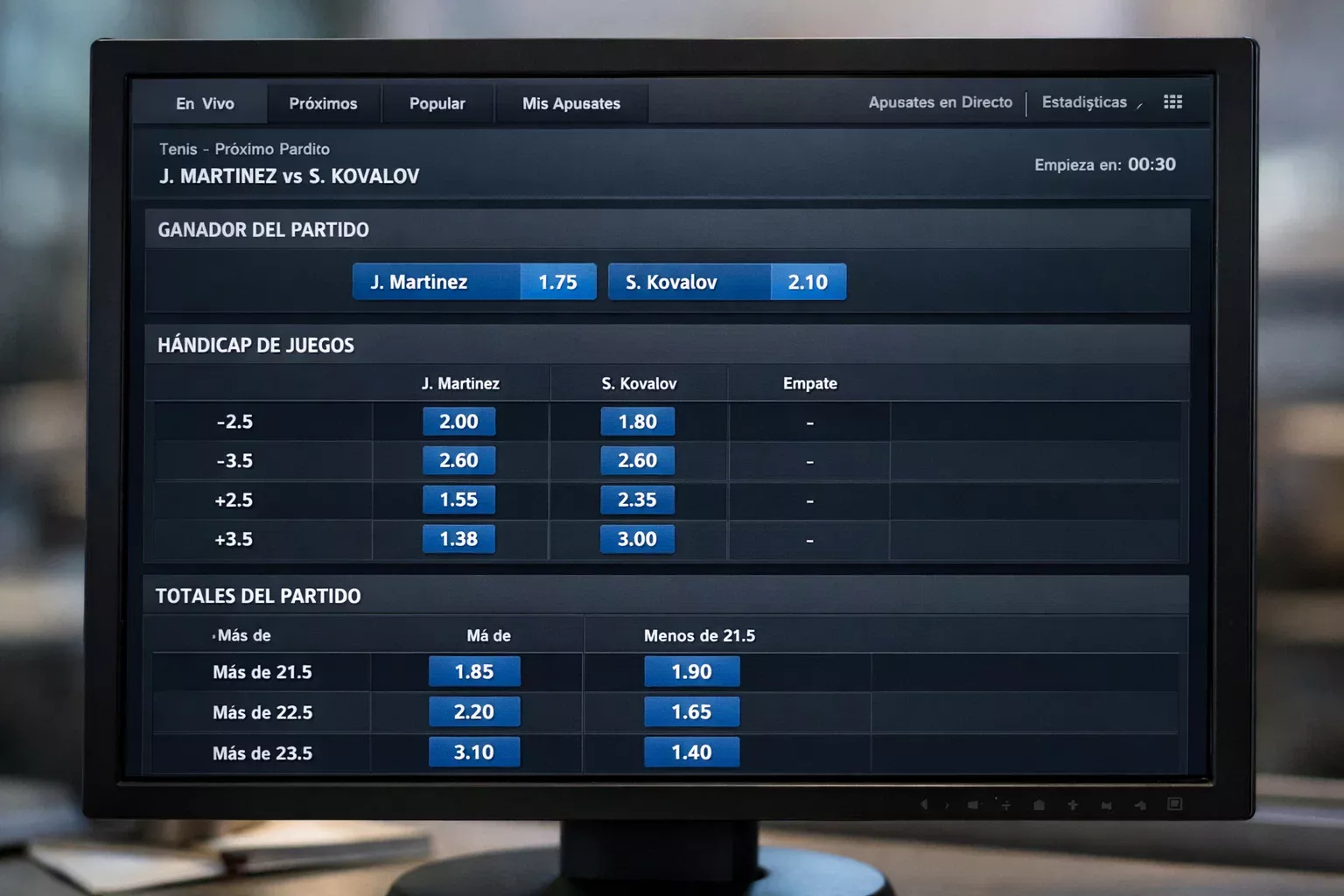 Pantalla con diferentes tipos de mercados de apuestas de tenis