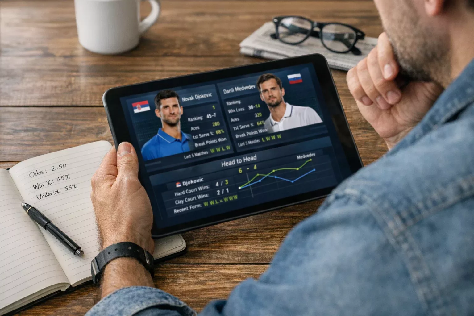 Persona revisando informaci&oacute;n de jugadores en tableta