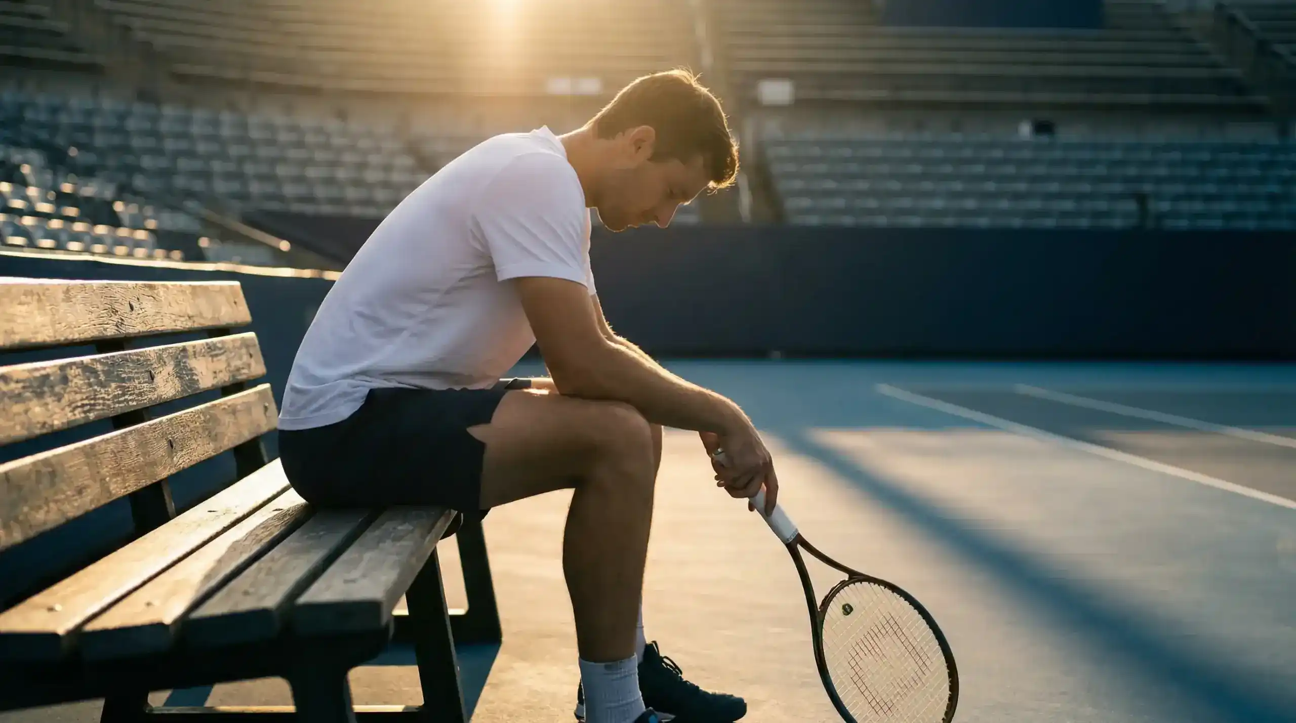 Jugador de tenis concentrado en la pista con luz dramática reflejando control emocional