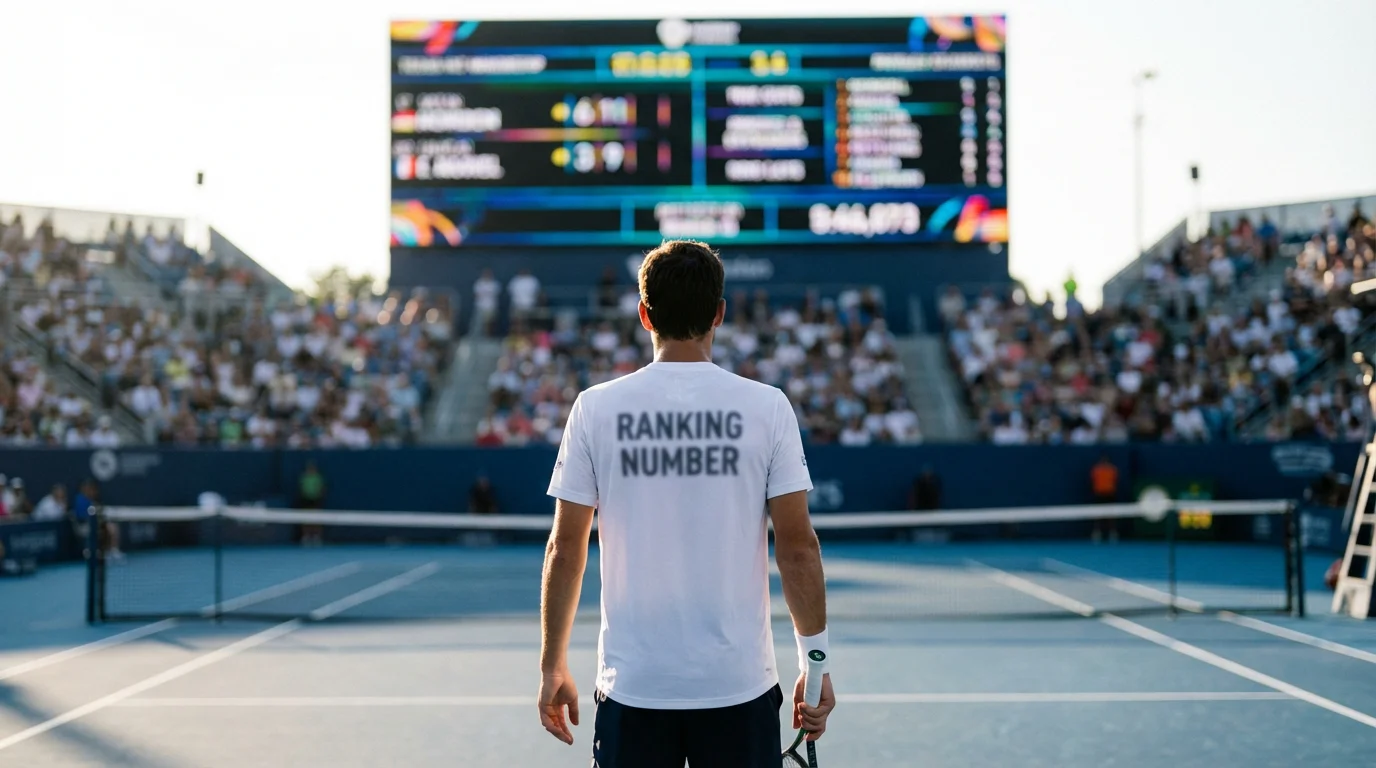 Tenista profesional celebrando un punto en pista dura con marcador electrónico de fondo