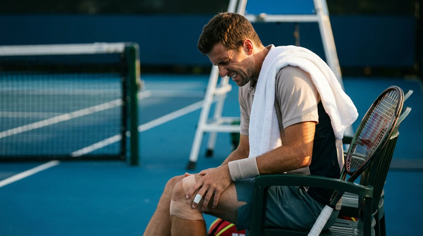 Tenista profesional sentado en la silla de descanso con una toalla sobre el hombro y expresión de molestia física
