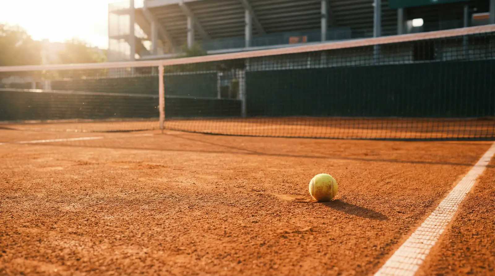 Pista de tierra batida de Roland Garros con líneas marcadas y polvo de ladrillo bajo la luz del sol