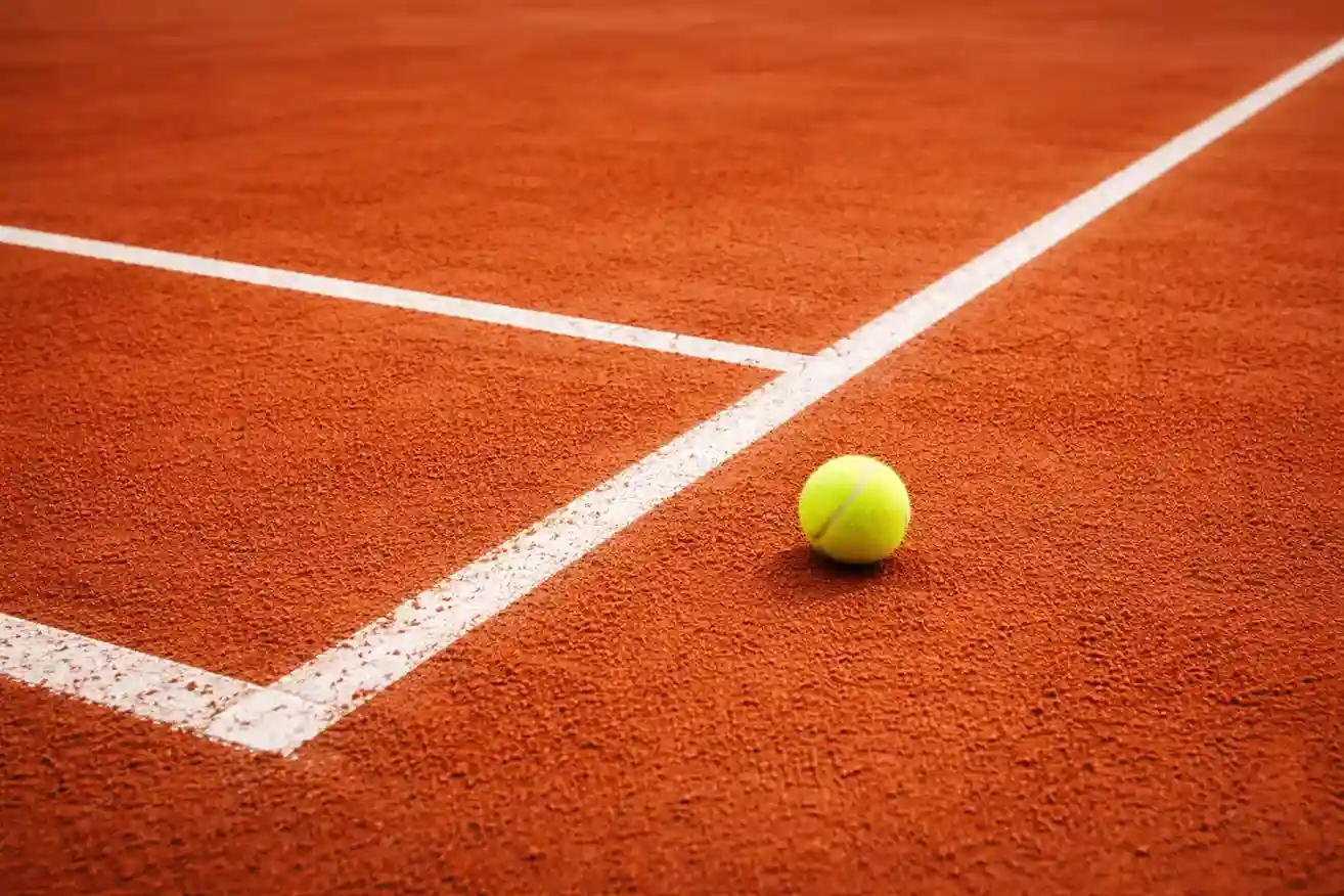 Superficie de tierra batida con l&iacute;neas marcadas y pelota de tenis
