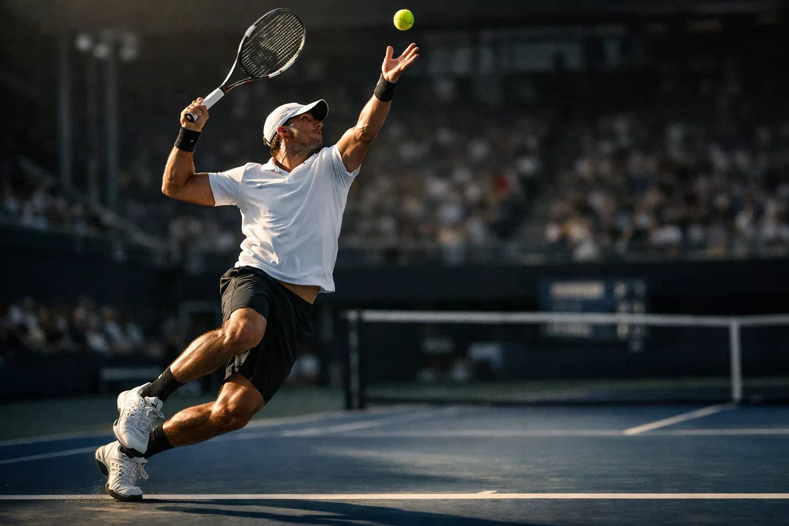 Tenista ejecutando un saque en movimiento din&aacute;mico