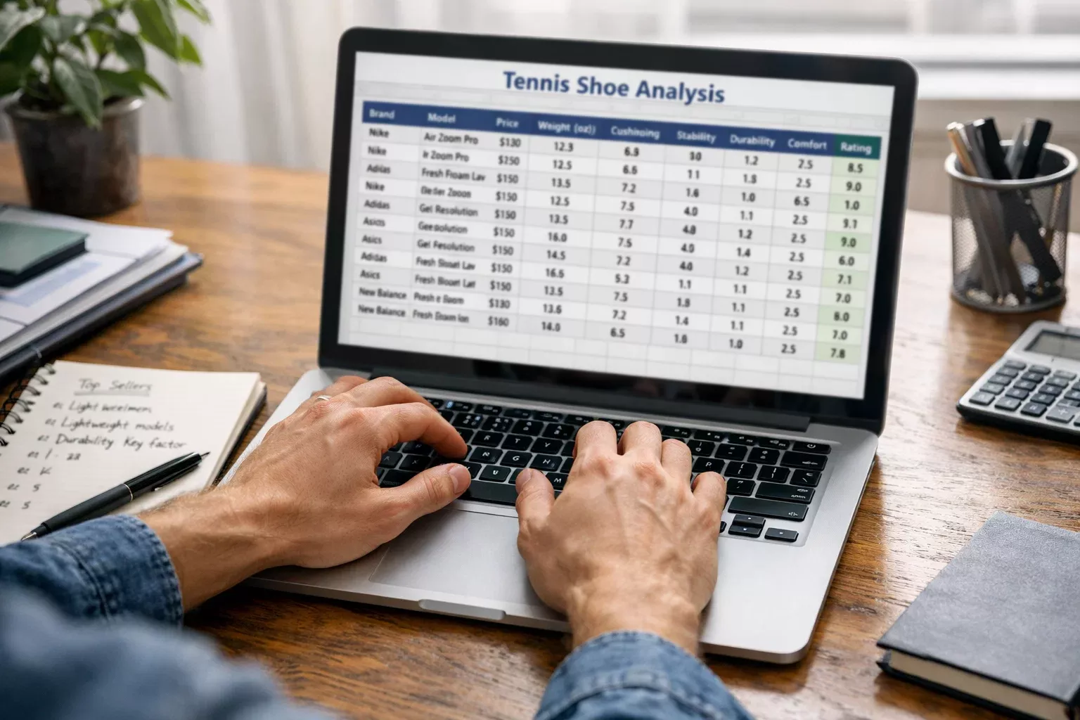 Persona creando hoja de c&aacute;lculo con datos de tenis
