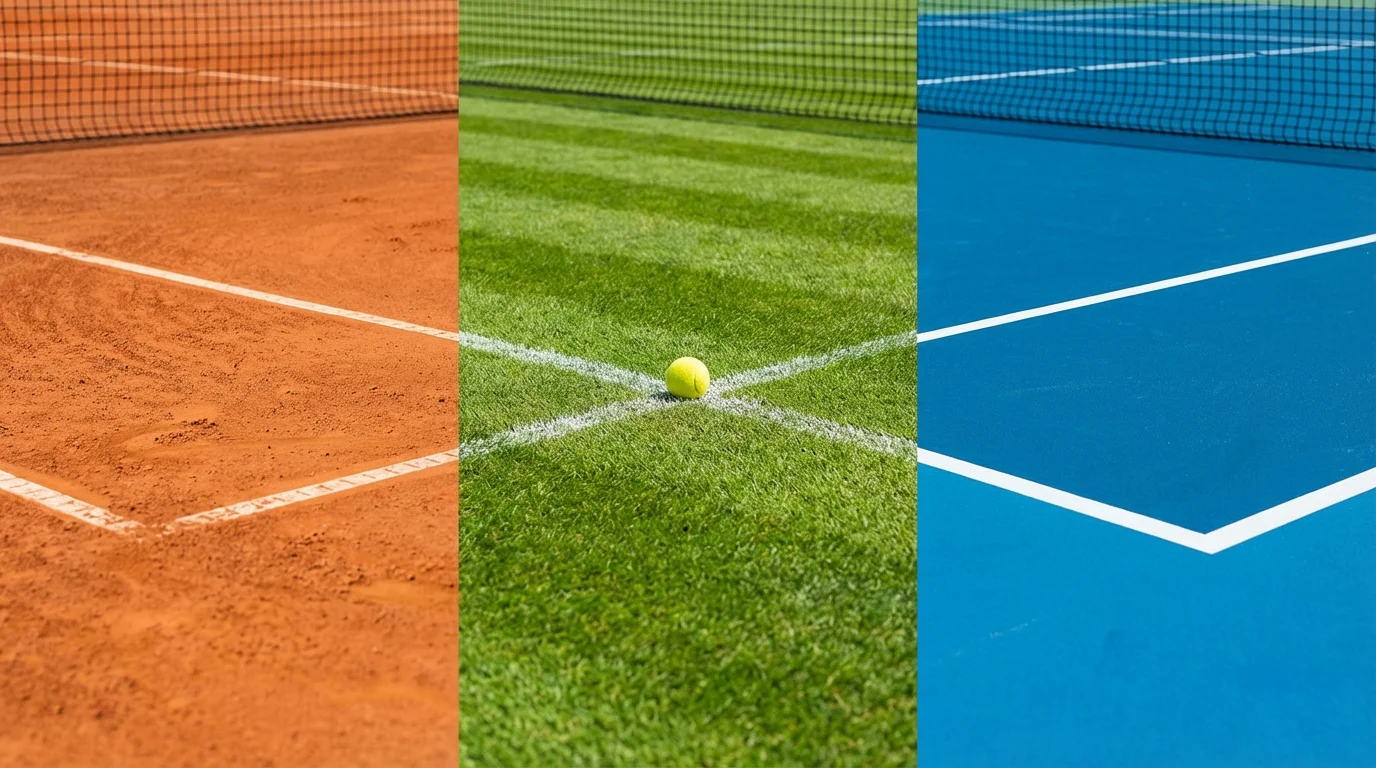 Tres tipos de superficie de tenis lado a lado: tierra batida naranja, hierba verde y pista dura azul
