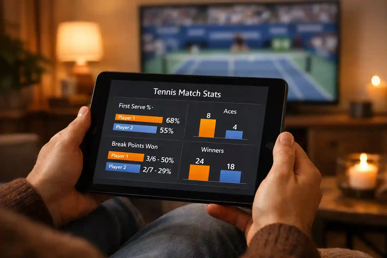Persona analizando estadísticas de tenis en tablet mientras ve un partido en directo