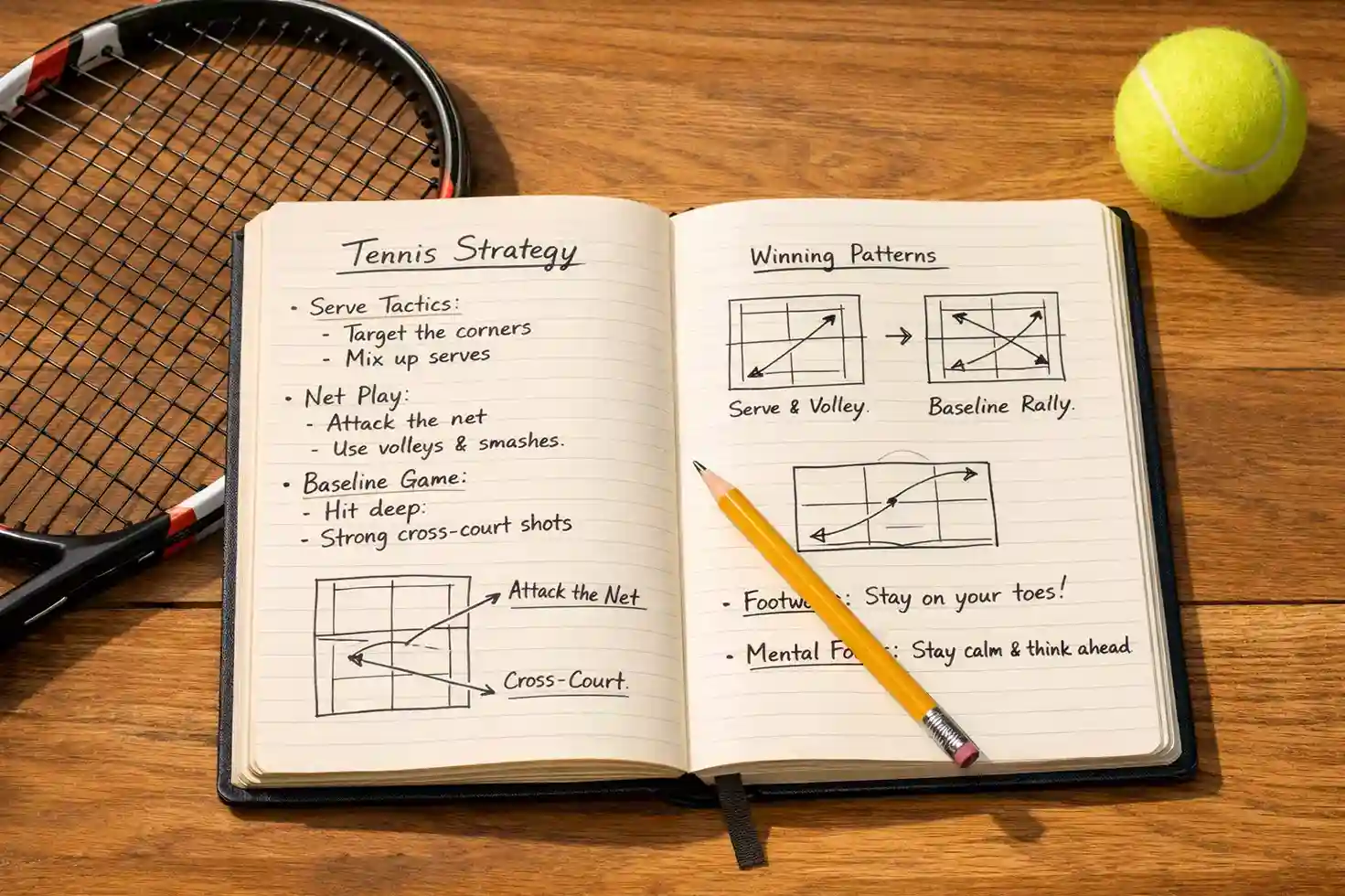Libreta de notas con planificación de estrategia junto a una raqueta de tenis