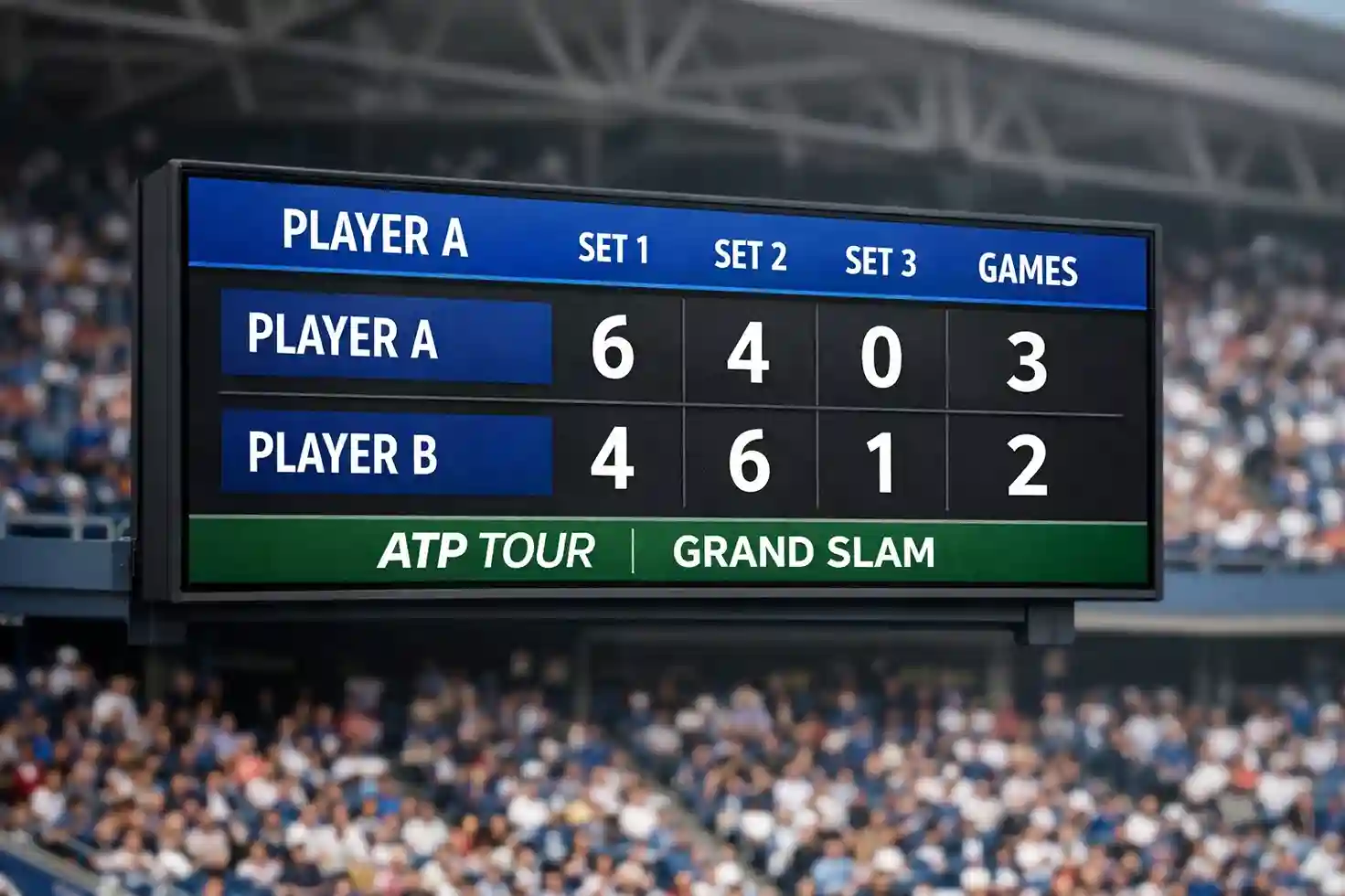 Marcador electrónico de tenis mostrando puntuación de un partido profesional