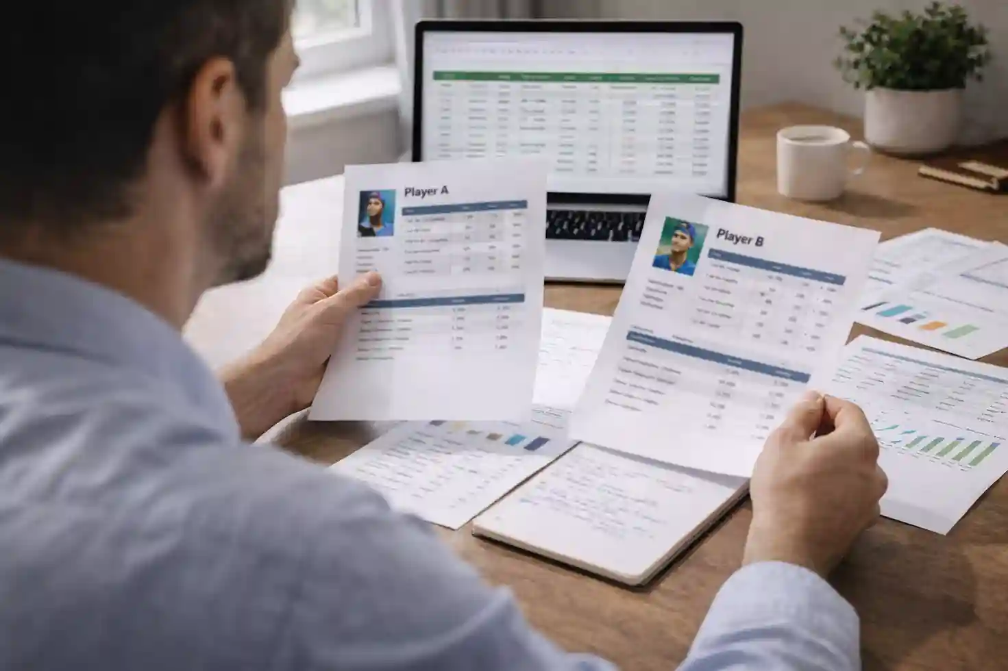 Analista deportivo revisando documentos con estadísticas de jugadores de tenis