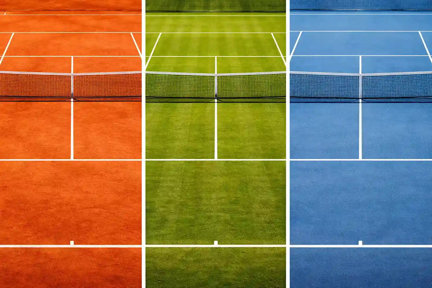 Vista dividida mostrando las tres superficies de tenis: tierra batida, hierba y pista dura