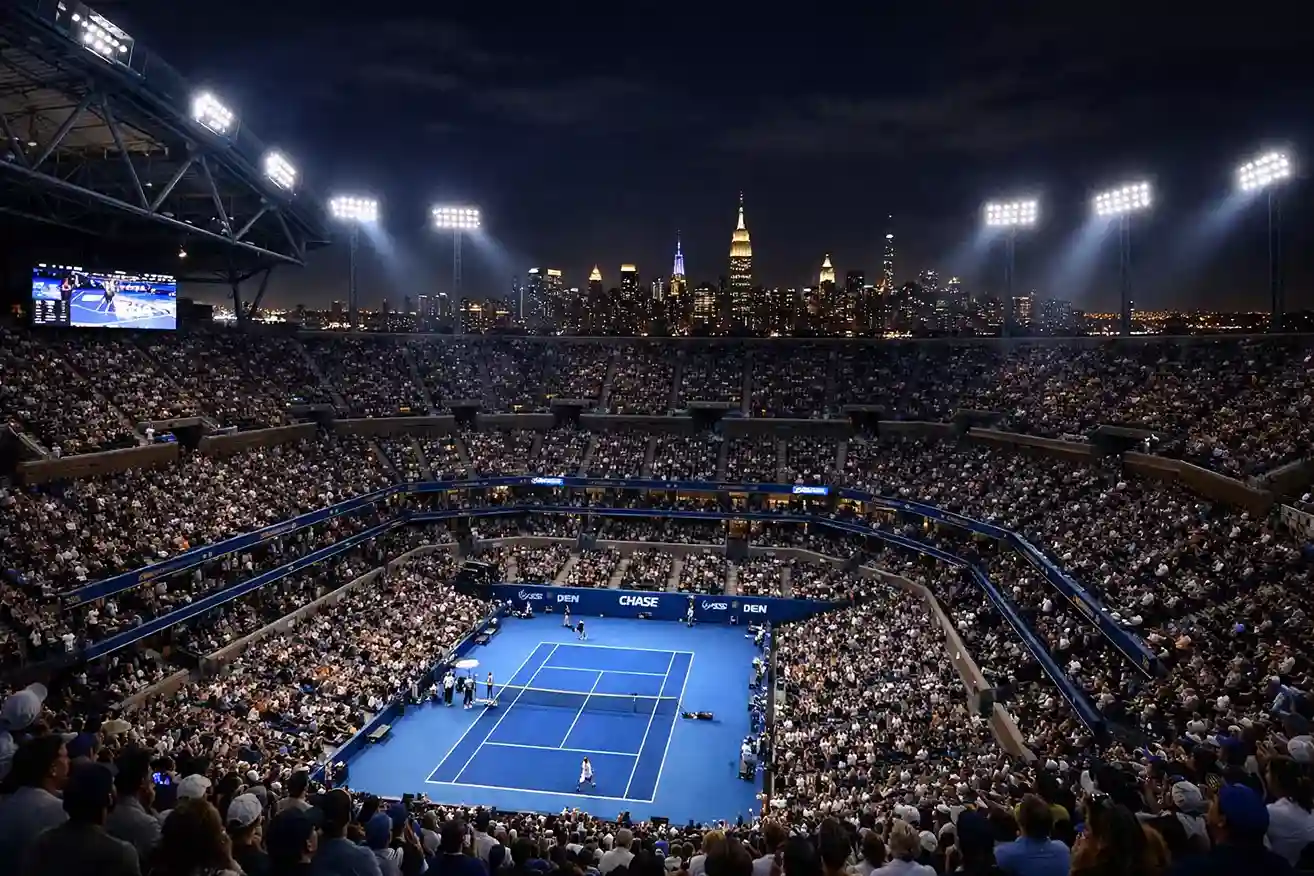 Estadio Arthur Ashe de noche con iluminaci&oacute;n artificial