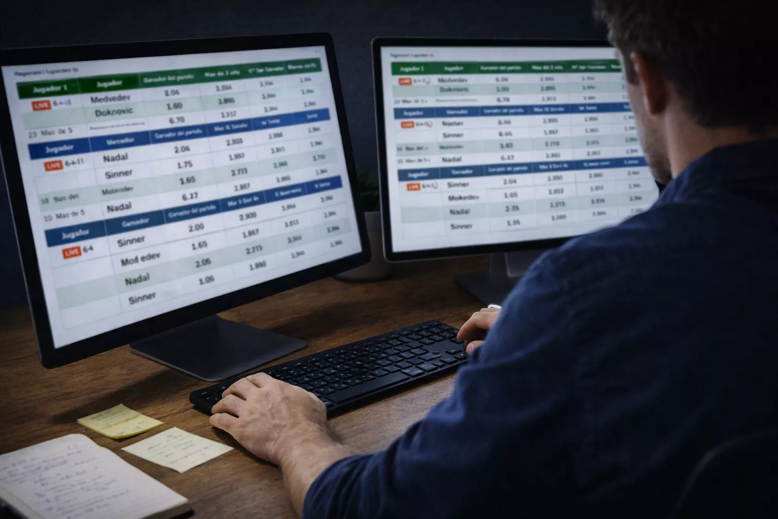 Analista comparando cuotas de apuestas en m&uacute;ltiples pantallas