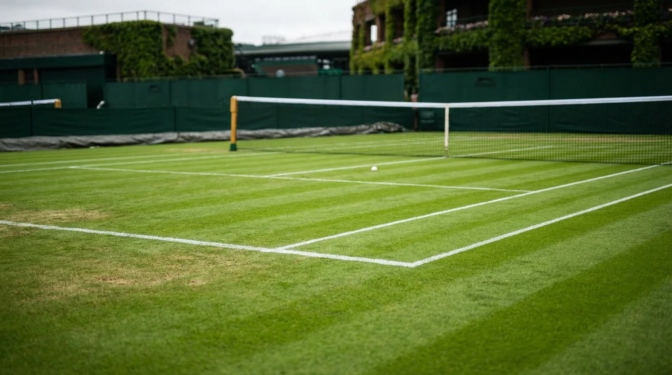 Pista de hierba de Wimbledon con red de tenis y líneas blancas bajo cielo nublado londinense